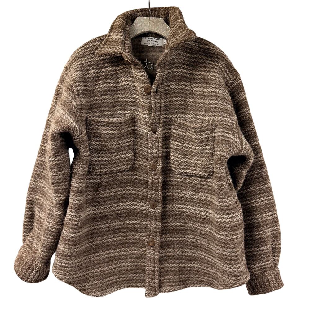 Indigenous Designs Wool Knit Shirt Jacket Brown Medium Warm Thick Heavy